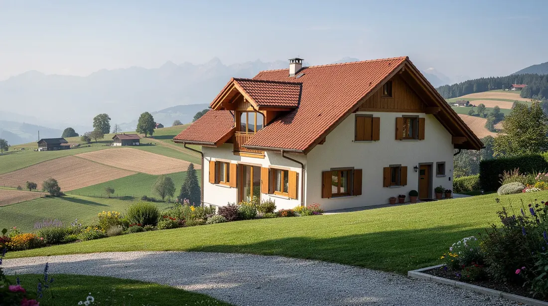 Une maison individuelle suisse avec un toit en tuiles se dresse dans un paysage de campagne romande, entourée de verdure et de collines. Ce bâtiment représente une option de chauffage au mazout, intégrant des systèmes de chauffage traditionnels et modernes pour répondre aux besoins énergétiques des propriétaires.