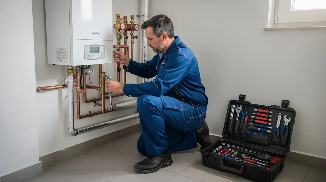 Un technicien en combinaison de travail installe un système de chauffage au mazout dans un local technique résidentiel, entouré d'équipements tels que des chaudières et des pompes. Il s'agit d'une intervention essentielle pour assurer la production de chaleur et le confort des bâtiments, tout en prenant en compte les coûts d'exploitation et l'efficacité énergétique.