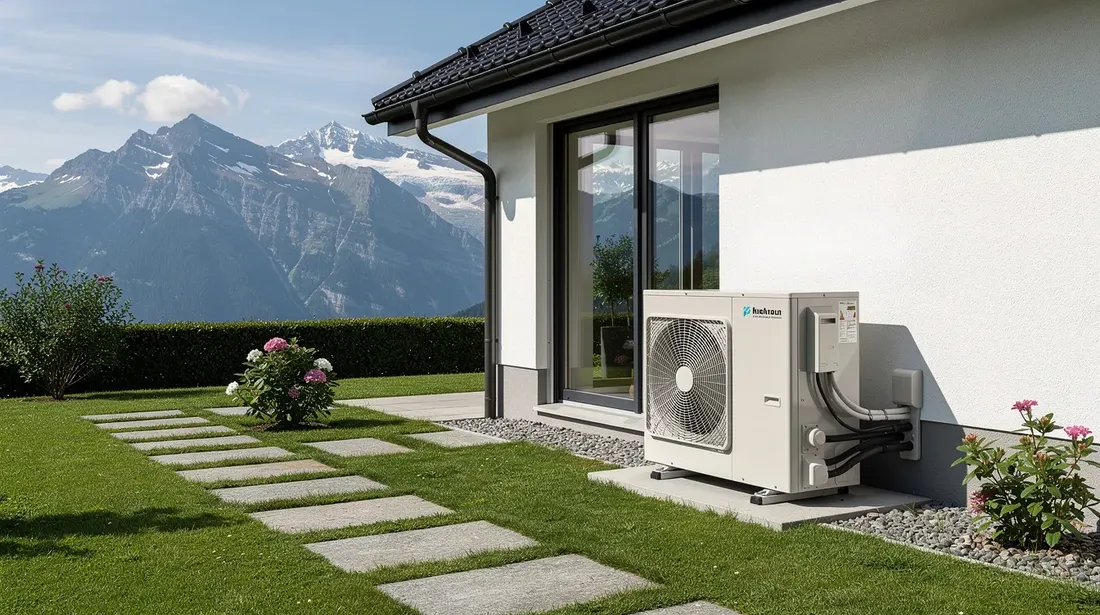 Une pompe à chaleur moderne est installée à l'extérieur d'une maison suisse, entourée d'un jardin verdoyant et de montagnes majestueuses en arrière-plan. Cet équipement, qui utilise la chaleur air-eau, illustre l'importance des énergies renouvelables pour le confort et l'efficacité énergétique des logements.