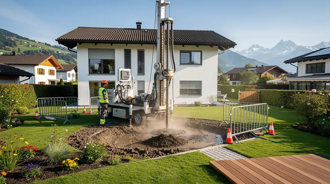 L'image montre une foreuse géothermique en action dans un jardin résidentiel en Suisse, avec un technicien en train d'effectuer l'installation d'une pompe à chaleur. Ce système moderne utilise la chaleur du sol pour fournir de l'énergie renouvelable à la maison, contribuant ainsi à un chauffage efficace et économique.