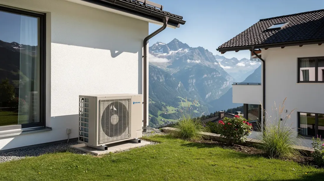 L'image montre une unité extérieure de pompe à chaleur installée dans le jardin d'une maison suisse, avec des montagnes majestueuses en arrière-plan. Cet appareil, qui fait partie des différents types de pompes à chaleur, est conçu pour optimiser l'utilisation de l'énergie et assurer le chauffage et le rafraîchissement de l'habitation.