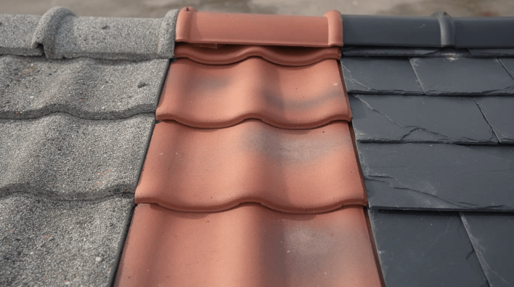 Gros plan sur différentes tuiles de toiture posées côte à côte, incluant des tuiles en béton gris, en terre cuite rouge et en ardoise noire, illustrant les choix variés pour la rénovation de toiture. Chaque type de tuile présente des caractéristiques distinctes, essentielles pour assurer l'étanchéité et la durabilité du toit.