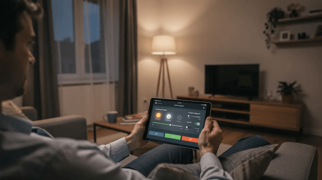 Une personne utilise une tablette à écran tactile pour régler l'éclairage de son séjour, illustrant ainsi l'usage d'un système de domotique pour maison connectée. L'image met en avant le confort et la simplicité de la gestion des appareils domestiques via une application mobile.