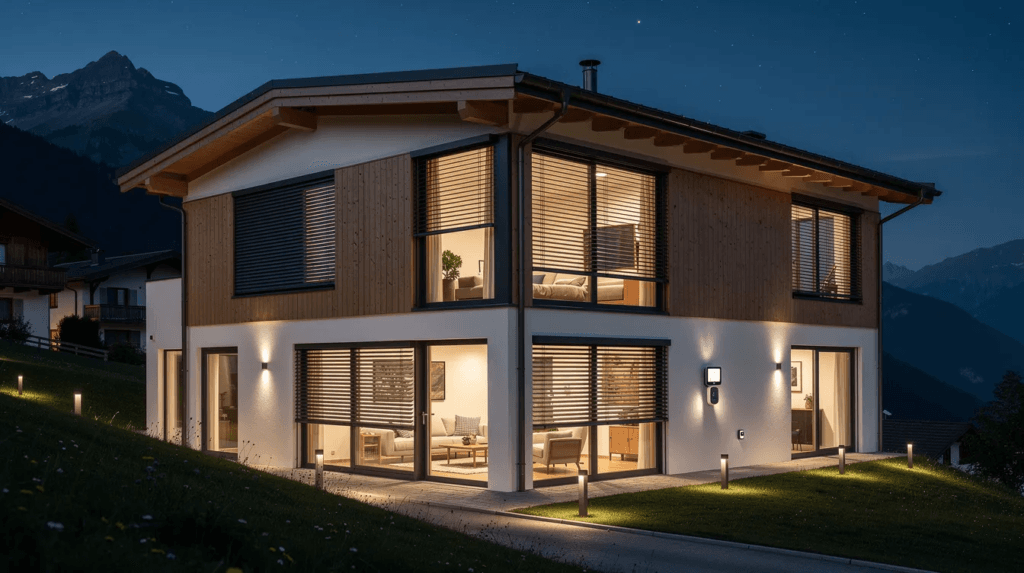 L'image montre une maison suisse moderne illuminée la nuit, avec des volets roulants automatisés et un éclairage connecté qui crée une ambiance chaleureuse. Cette maison connectée illustre les fonctionnalités de la domotique, offrant confort et sécurité grâce à des appareils compatibles avec des systèmes comme Alexa et Google Home.