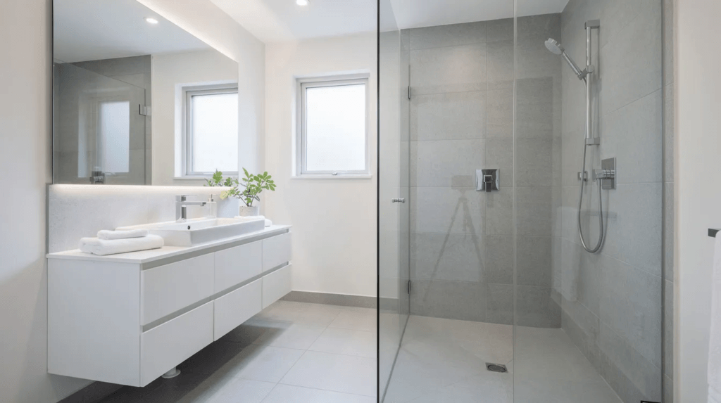 Cette image montre une petite salle de bains lumineuse, équipée d'une douche à l'italienne moderne, d'un meuble suspendu blanc et d'un grand miroir, créant une ambiance de confort et de bien-être. L'espace est soigneusement conçu pour allier fonctionnalité et style, idéal pour une rénovation de salle de bains.