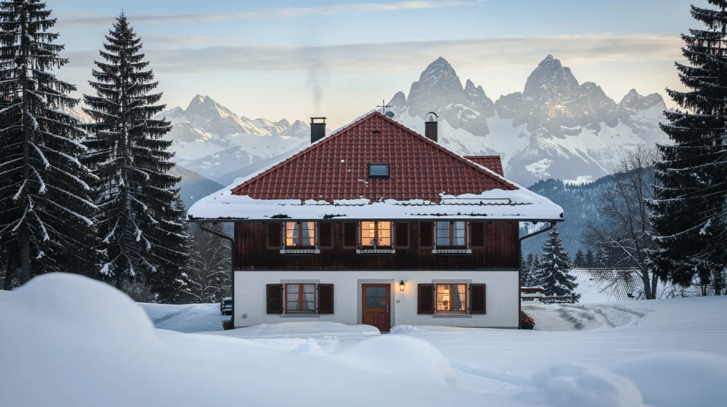 Une maison suisse typique, dotée d'un toit en tuiles, se dresse majestueusement dans un paysage alpin enneigé, évoquant la chaleur et le confort d'une rénovation de toiture dans le canton du Valais. Les montagnes environnantes ajoutent une touche pittoresque à cette scène hivernale.