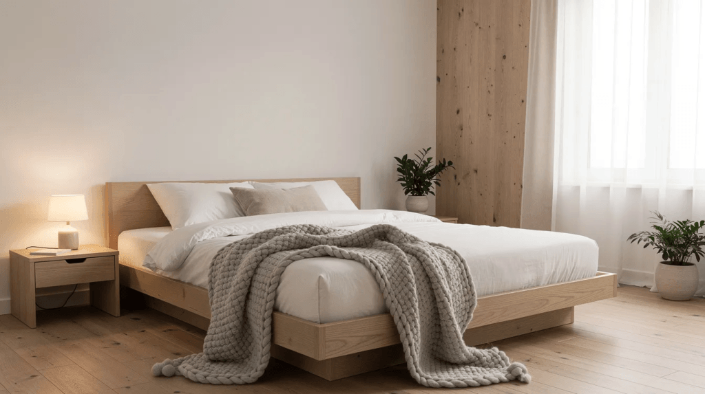 Cette image montre une chambre au style scandinave, avec des murs clairs et un sol en bois. Un plaid en laine est délicatement posé sur le lit, tandis qu'une lampe de chevet douce éclaire l'espace, créant une atmosphère chaleureuse et accueillante.