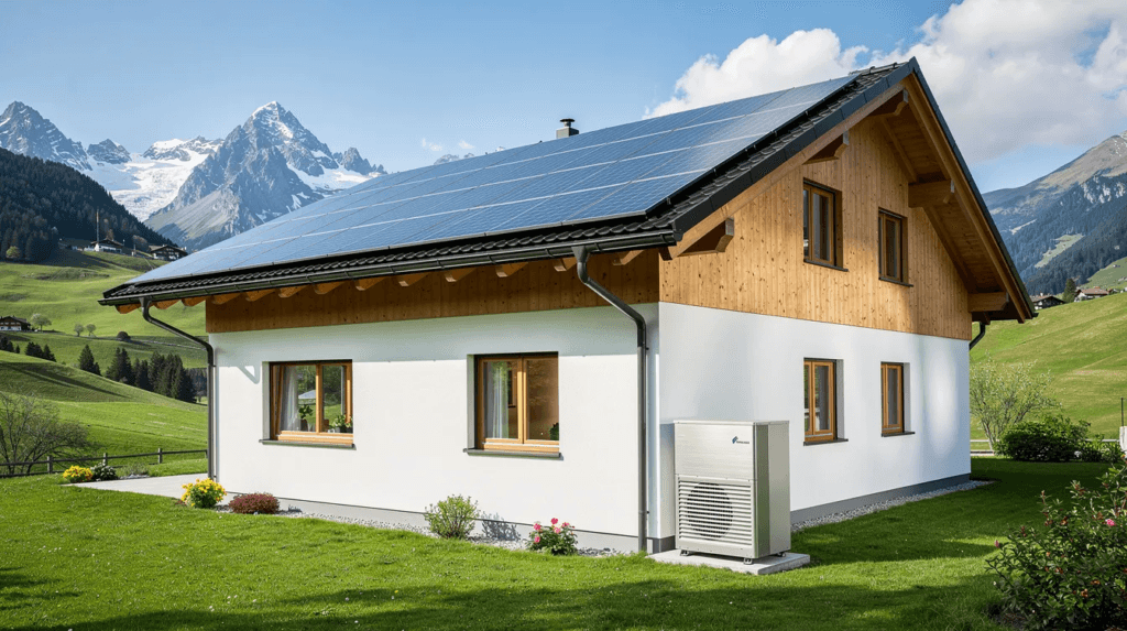 Une maison individuelle suisse est représentée avec des panneaux solaires installés sur le toit et une pompe à chaleur à côté, le tout dans un environnement alpin verdoyant. Cette image illustre les efforts de rénovation énergétique et l'utilisation d'énergies renouvelables pour améliorer le confort et l'efficacité énergétique des logements.
