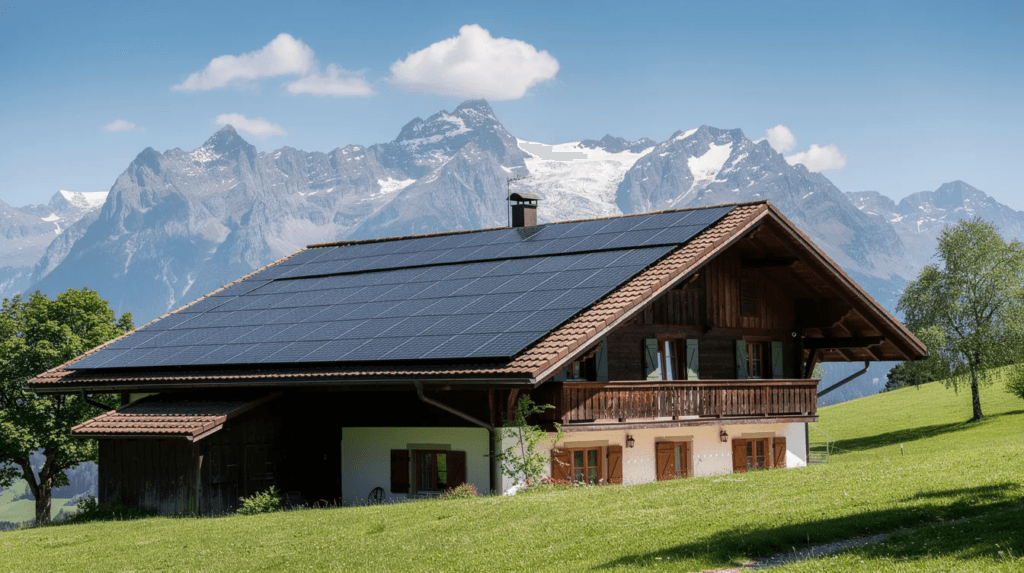L'image montre des panneaux solaires installés sur le toit d'une maison suisse, avec de majestueuses montagnes en arrière-plan. Cette maison connectée illustre l'intégration de technologies modernes pour un confort et une gestion énergétique optimisés.