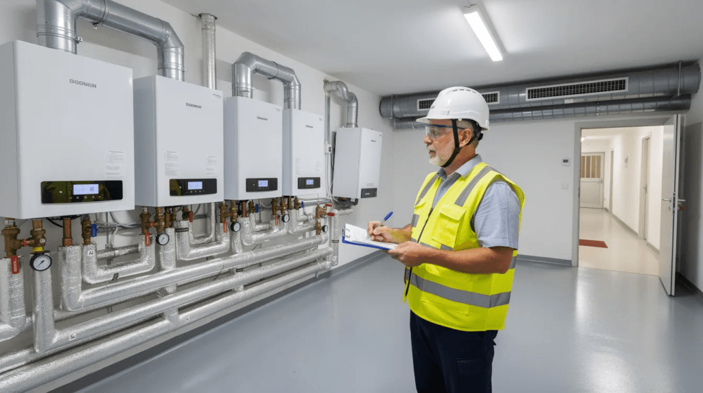 Un expert inspecte une chaufferie propre dans un immeuble résidentiel, vérifiant les installations de chauffage pour garantir leur efficacité énergétique et leur conformité avec les normes du certificat énergétique cantonal (CECB). L'environnement est bien organisé, reflétant un souci de qualité et de performance énergétique.
