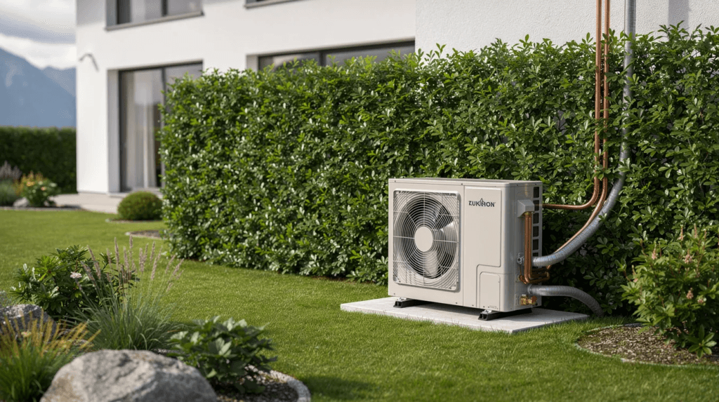 Cette image montre une pompe à chaleur extérieure installée dans un jardin en Suisse, entourée d'une haie végétale qui sert d'écran acoustique. Ce système de chauffage, utilisant la chaleur air eau, illustre une solution d'énergie renouvelable pour les logements.