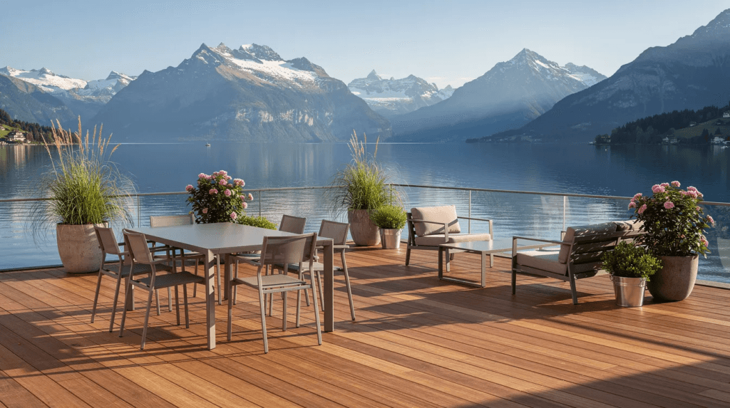Une terrasse en bois s'étend avec une vue imprenable sur un lac suisse, entouré de montagnes enneigées. Le mobilier de jardin en aluminium et les plantes en pots ajoutent une touche de confort et de convivialité à cet aménagement extérieur.