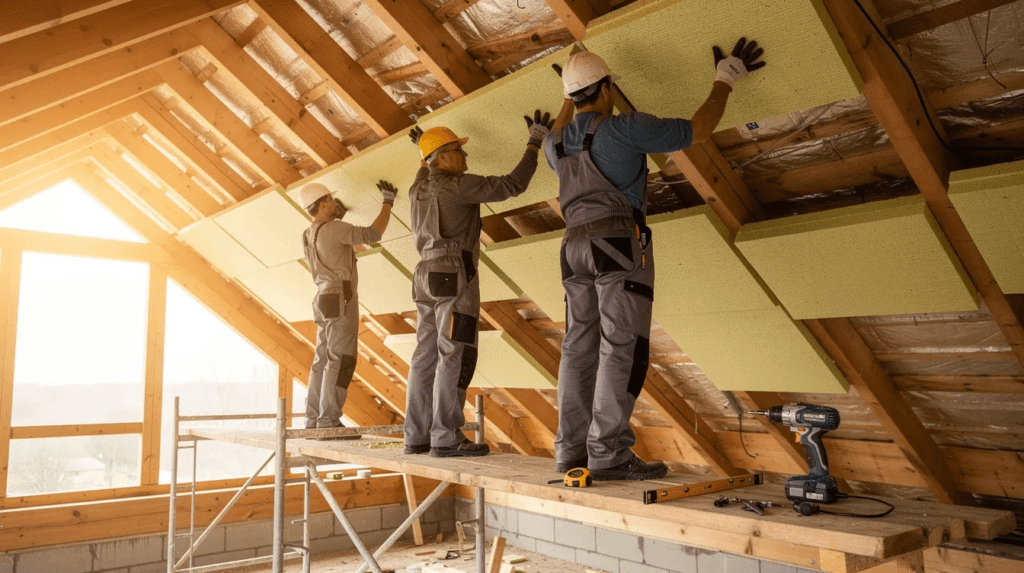 Des artisans s'affairent à poser des panneaux isolants entre les chevrons d'une toiture en bois, dans le cadre d'un projet de rénovation de toiture. Cette étape est essentielle pour améliorer l'isolation thermique et le confort de la maison, tout en garantissant une meilleure étanchéité face aux intempéries.