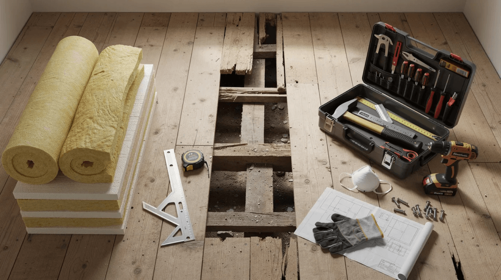 L'image montre des outils de construction et des matériaux d'isolation disposés sur un plancher en cours de rénovation, illustrant les différentes étapes des travaux dans une maison. On peut y voir des équipements essentiels pour assurer la sécurité et l'efficacité énergétique du projet de rénovation.