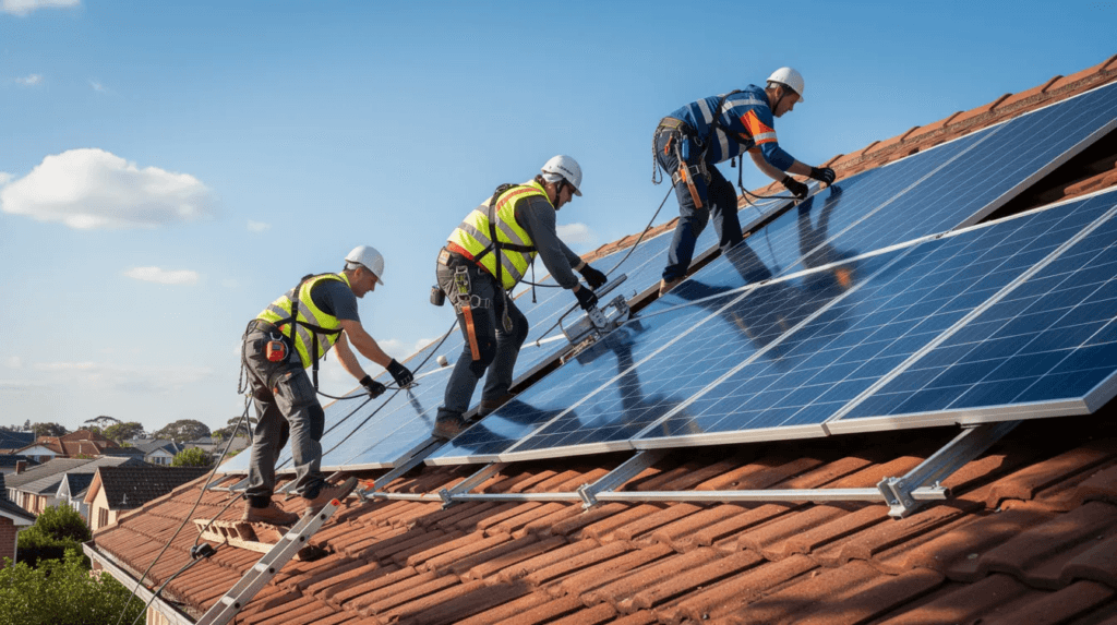 Des techniciens professionnels installent des panneaux solaires sur un toit en pente, en utilisant des équipements de sécurité appropriés. Cette installation photovoltaïque vise à optimiser la production d'énergie solaire pour la maison.