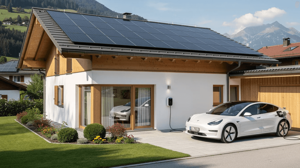 Une maison individuelle en Suisse est représentée avec des panneaux solaires installés sur le toit, tandis qu'une voiture électrique est en charge dans l'allée. Cette image illustre l'utilisation des énergies renouvelables et l'investissement dans une installation photovoltaïque pour une consommation d'électricité durable.