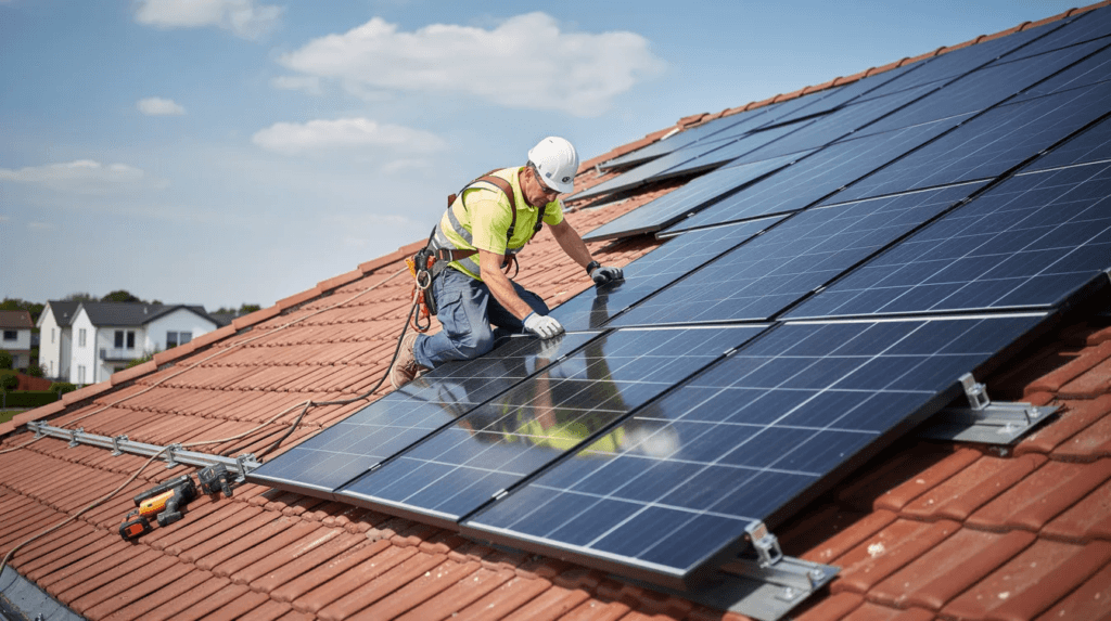 Un technicien installe des panneaux solaires photovoltaïques sur une toiture inclinée, contribuant ainsi à la production d'énergie renouvelable. Cette installation fait partie des efforts pour promouvoir l'utilisation des énergies renouvelables en Suisse, avec des aides et subventions disponibles pour les propriétaires.