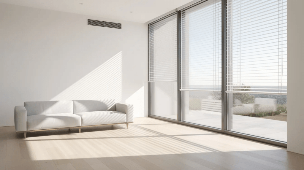 L'image montre un intérieur lumineux avec de grandes fenêtres laissant entrer la lumière naturelle, ainsi que des stores extérieurs pour le contrôle de la luminosité. Une bouche de ventilation discrète est intégrée, soulignant l'importance de l'efficacité énergétique selon les standards Minergie.