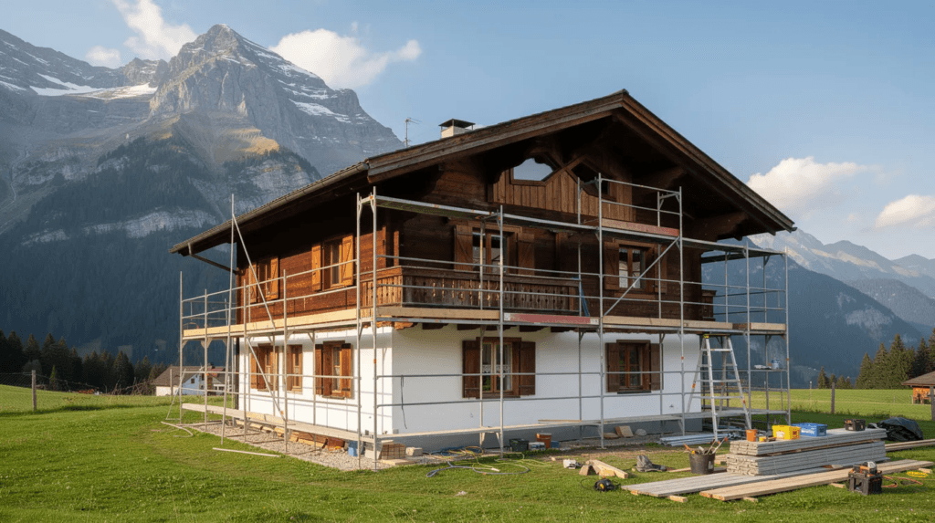 L'image montre une maison suisse traditionnelle entourée d'échafaudages, en cours de rénovation, avec un paysage montagneux majestueux en arrière-plan. Ce site de travaux de rénovation met en avant la façade du bâtiment, soulignant l'importance de la modernisation tout en préservant son charme d'antan.