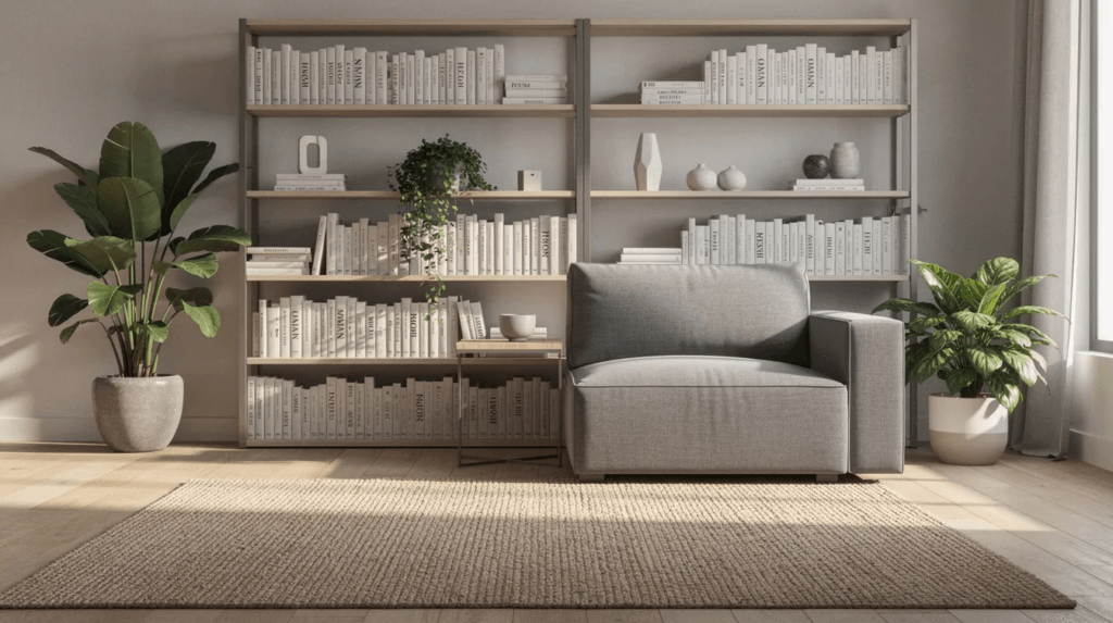 L'image montre un salon moderne avec un canapé gris élégant, un tapis texturé au sol, une bibliothèque murale remplie de livres et des plantes vertes apportant une touche de nature à l'intérieur. Cet espace de vie est soigneusement aménagé, reflétant un style de décoration intérieure contemporain et accueillant.