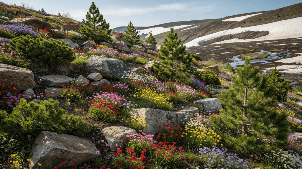 Un jardin alpin coloré se déploie sur un terrain en légère pente, agrémenté de vivaces vibrantes, de pierres naturelles et de conifères, tandis qu'en arrière-plan, la neige fondante ajoute une touche de fraîcheur à cet aménagement extérieur. Ce lieu invite à la détente et à l'appréciation de la nature.