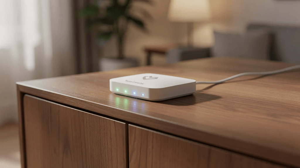 L'image montre un petit hub domotique posé sur un meuble, avec des voyants lumineux indiquant son fonctionnement. Ce dispositif fait partie d'un système de maison connectée, permettant de contrôler divers appareils via des assistants vocaux comme Alexa ou Google Home.
