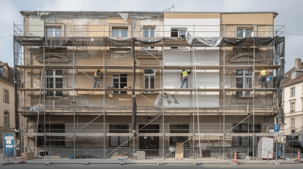 L'image montre la façade d'un bâtiment en rénovation, entourée d'échafaudages, avec des ouvriers en train de travailler. Ce projet de construction nécessite un permis de construire et respecte les règlements en matière de sécurité de la commune.