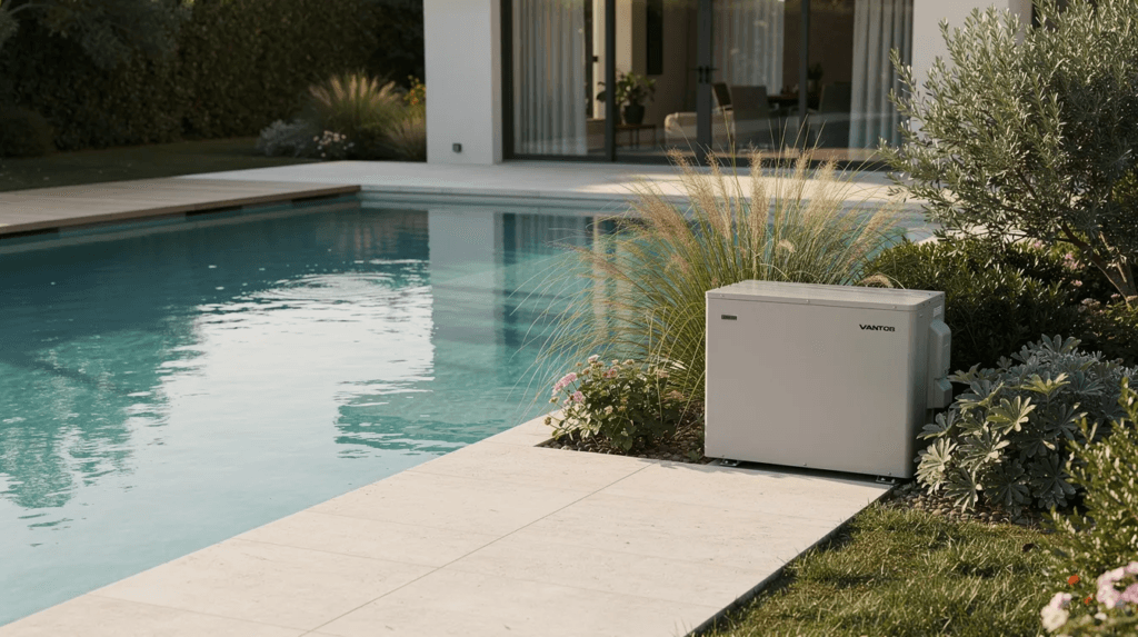Une pompe à chaleur discrète est installée près d'une piscine, entourée de végétation luxuriante, créant un espace agréable pour la baignade. Cette installation, située dans le canton de Vaud, respecte les règles de sécurité et les exigences d'autorisation pour les travaux de construction.