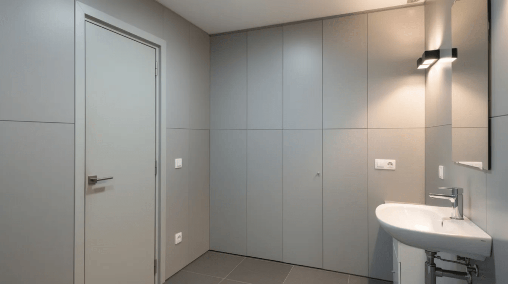 Une salle de bains rénovée avec des murs recouverts de panneaux d'habillage gris clair, posés sur un ancien carrelage, créant un espace moderne et confortable. Cette transformation met en avant des matériaux de qualité pour un bien-être optimal.