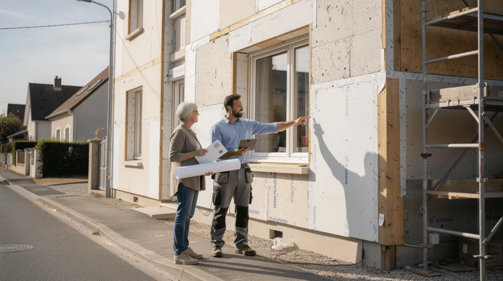 Un propriétaire observe attentivement la façade isolée d'une maison, accompagné d'un expert en efficacité énergétique. Ensemble, ils discutent de l'établissement d'un certificat énergétique cantonal (CECB) pour évaluer la performance de l'enveloppe du bâtiment et envisager des rénovations pour améliorer son efficacité.