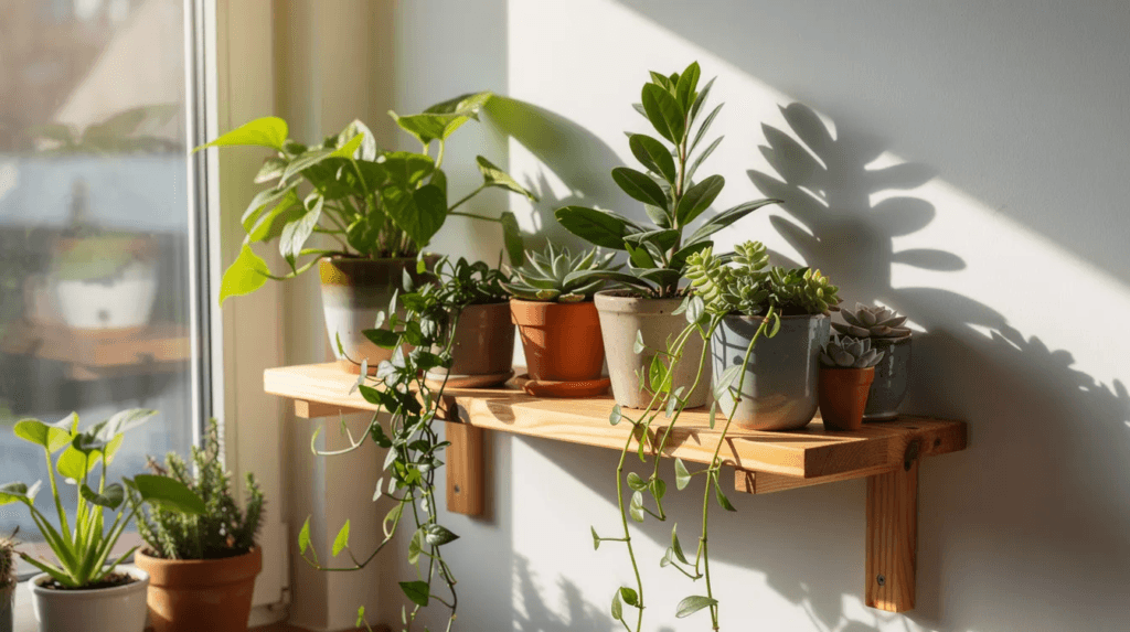 Une étagère en bois est ornée de diverses plantes d'intérieur, placées près d'une fenêtre baignée de lumière naturelle. Cette décoration intérieure apporte une touche de verdure et de fraîcheur à l'espace, tout en créant une ambiance chaleureuse et accueillante.