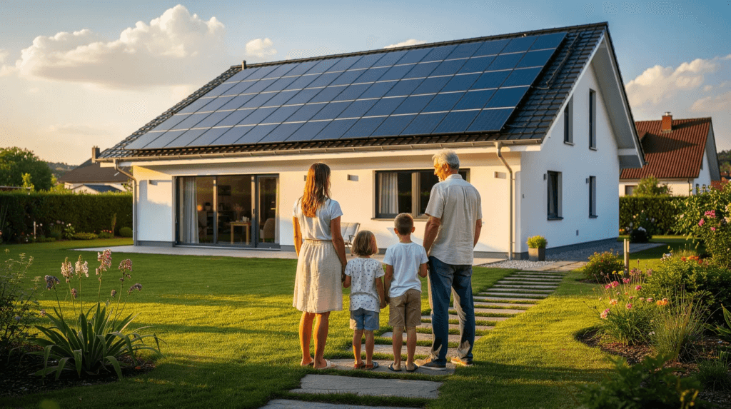 Une famille se tient dans leur jardin, admirant une maison équipée de panneaux solaires sur le toit, symbole d'une installation respectueuse des énergies renouvelables. Cette configuration permet une production d'électricité durable, tout en bénéficiant potentiellement de subventions pour panneaux solaires en Suisse.