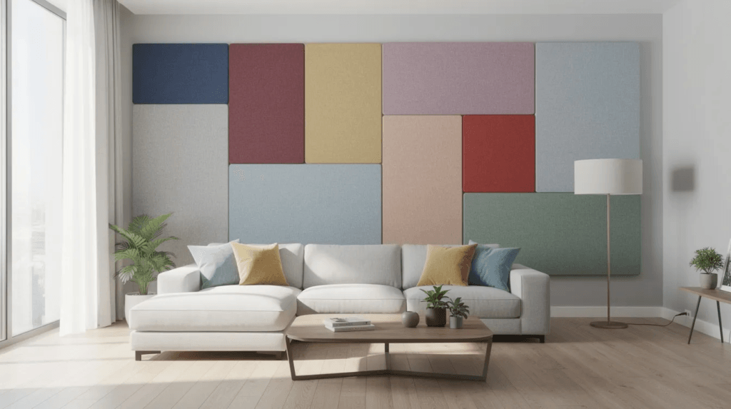 Des panneaux acoustiques décoratifs de différentes couleurs sont installés sur le mur d'un salon contemporain, offrant une solution esthétique pour améliorer l'isolation phonique et réduire les nuisances sonores. Ces éléments contribuent à un environnement de vie plus confortable et paisible.