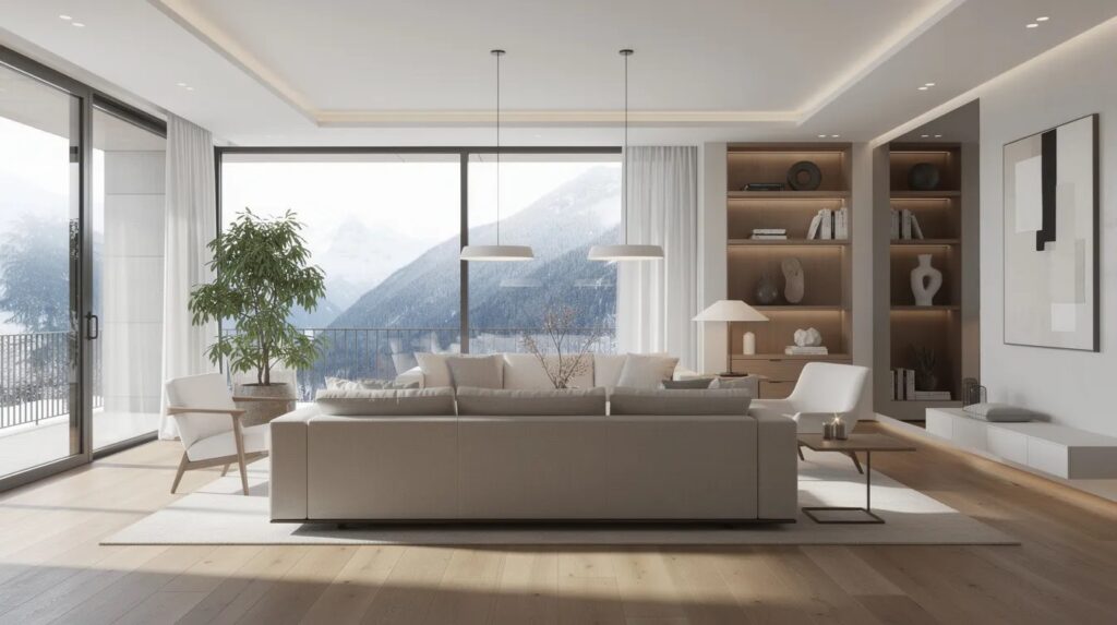 L'image montre l'intérieur d'une villa moderne en Suisse, baignée de lumière, avec des murs ornés de papier peint élégant. La décoration intérieure allie des meubles contemporains et des accessoires raffinés, créant un espace de vie harmonieux et inspirant.