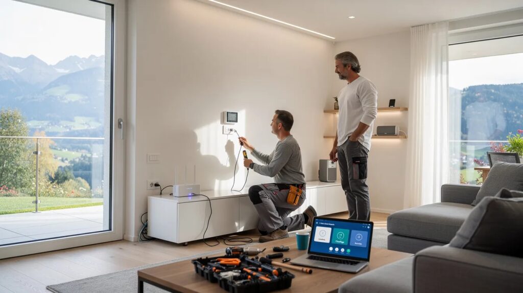 Une installation de domotique moderne est en cours dans une maison en Suisse, avec des appareils connectés tels que des thermostats et des volets roulants, permettant un contrôle facile via des assistants vocaux comme Alexa et Google Home. L'image illustre un intérieur confortable et technologique, mettant en avant la simplicité d'utilisation des systèmes domotiques.