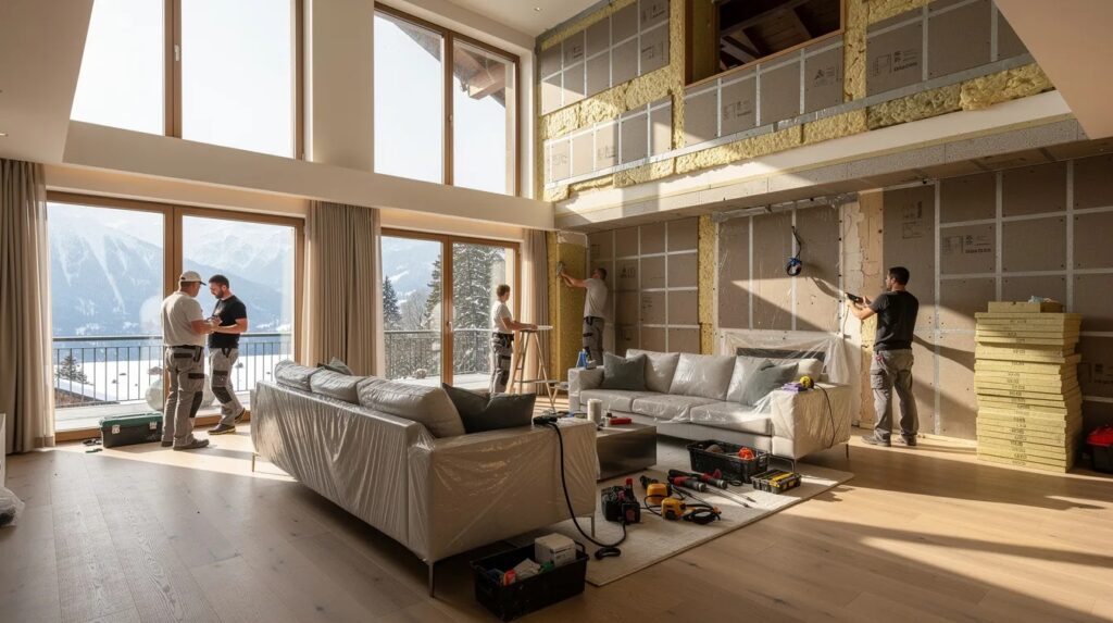 L'image montre des travaux d'isolation phonique à l'intérieur d'une villa raffinée en Suisse, mettant en avant des matériaux tels que la laine de bois et la laine de roche. Ces solutions visent à réduire les nuisances sonores et à améliorer la qualité de vie des habitants en créant un environnement plus calme.