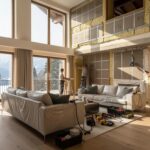 L'image montre des travaux d'isolation phonique à l'intérieur d'une villa raffinée en Suisse, mettant en avant des matériaux tels que la laine de bois et la laine de roche. Ces solutions visent à réduire les nuisances sonores et à améliorer la qualité de vie des habitants en créant un environnement plus calme.
