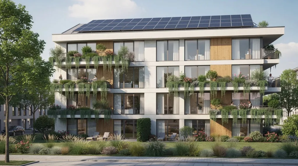 Un immeuble résidentiel moderne se distingue par sa toiture solaire et ses balcons végétalisés, illustrant les standards de durabilité et d'efficacité énergétique du label Minergie. Cette construction respecte les exigences des bâtiments Minergie, favorisant ainsi un intérieur confortable et respectueux de l'environnement.