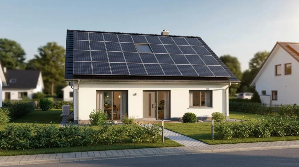Des panneaux solaires photovoltaïques sont installés sur le toit d'une maison individuelle située dans une zone résidentielle, captant l'énergie solaire pour produire de l'électricité. Cette installation contribue à l'autonomie énergétique de la maison et aux économies sur les factures d'électricité.