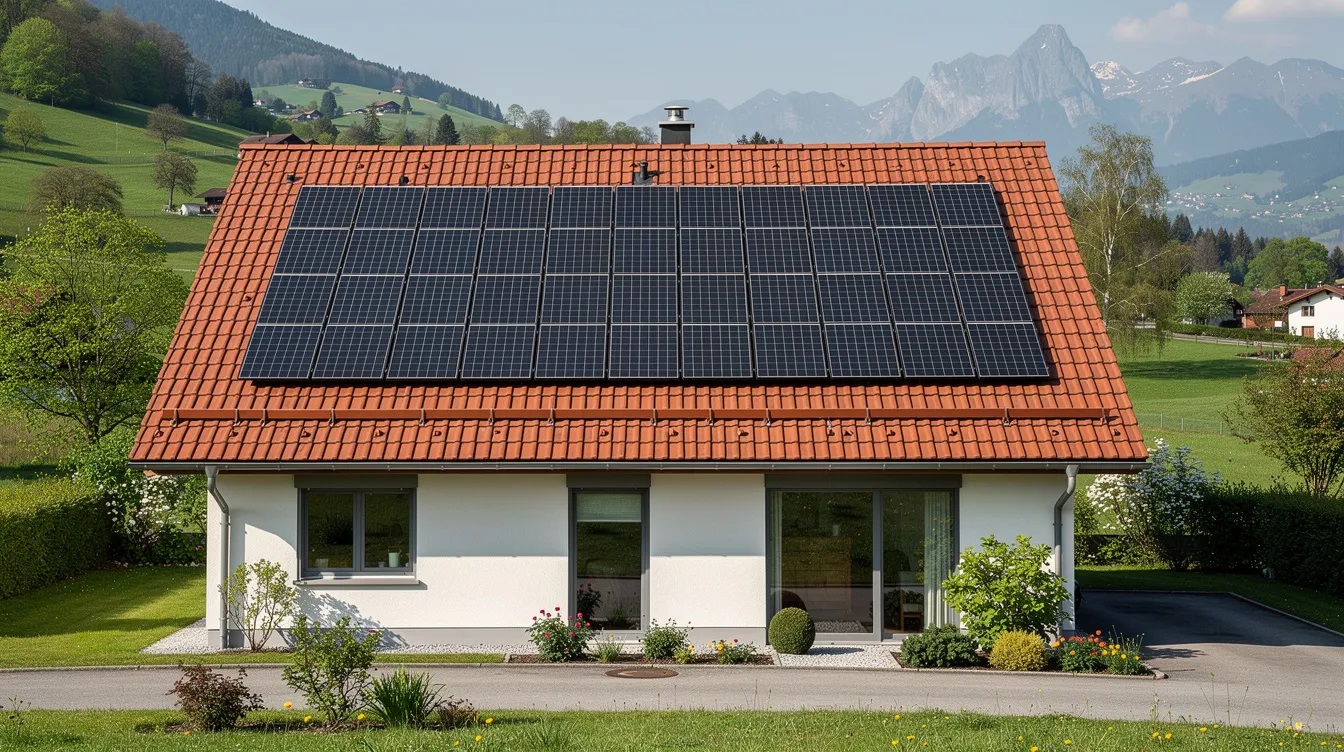 Une maison individuelle en Suisse présente des panneaux solaires photovoltaïques installés sur son toit en tuiles rouges, entourée d'un paysage verdoyant. Cette installation solaire témoigne des efforts pour utiliser l'énergie renouvelable et optimiser les coûts d'électricité.