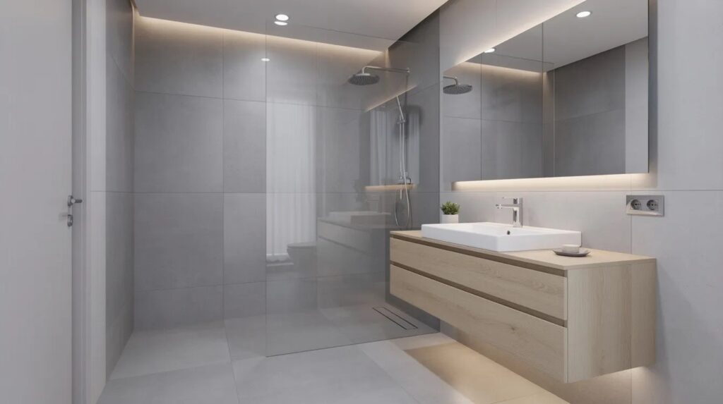 Une salle de bains moderne rénovée, équipée d'une douche à l'italienne, présente un carrelage grand format gris et un meuble suspendu en bois clair, offrant un espace de confort et de bien-être. Cette transformation haut de gamme illustre parfaitement les tendances actuelles en matière de rénovation de salle de bains.