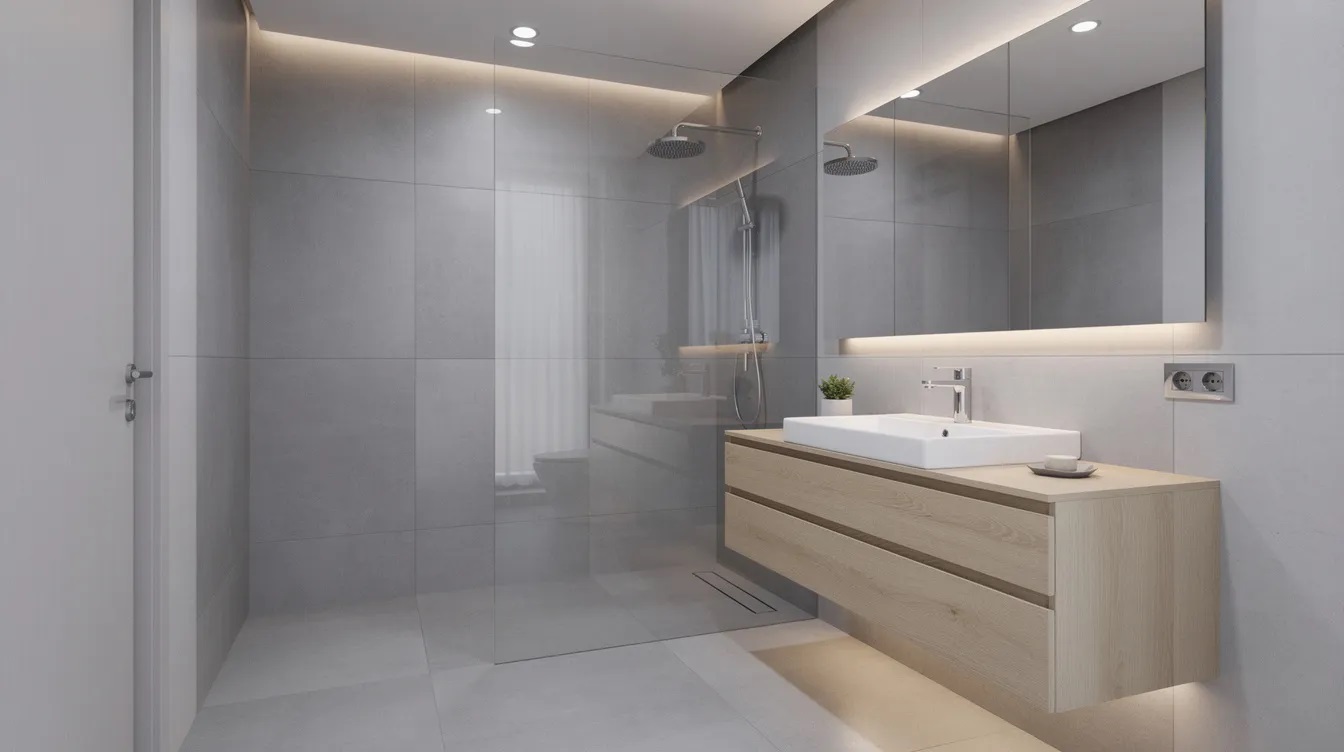 Une salle de bains moderne rénovée, équipée d'une douche à l'italienne, présente un carrelage grand format gris et un meuble suspendu en bois clair, offrant un espace de confort et de bien-être. Cette transformation haut de gamme illustre parfaitement les tendances actuelles en matière de rénovation de salle de bains.