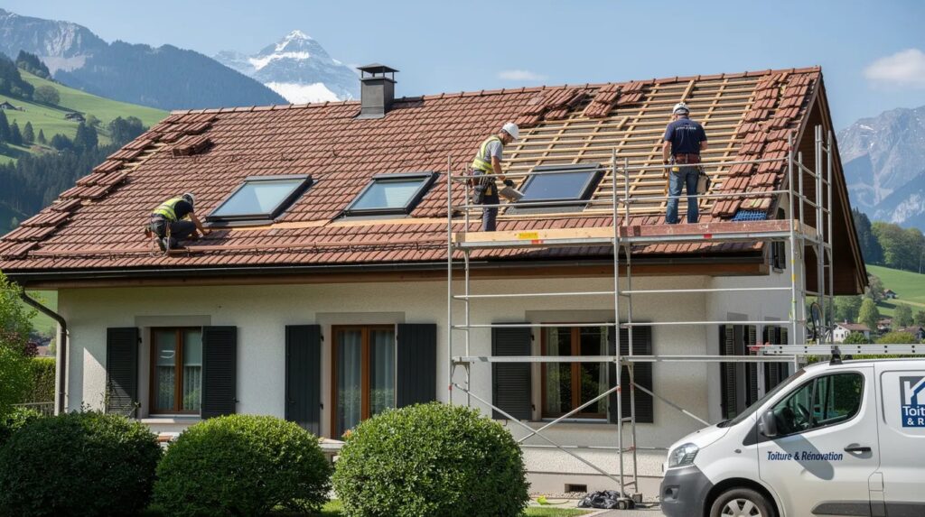 L'image montre des artisans en train de rénover la toiture d'une villa en Suisse. On peut voir des tuiles en cours de remplacement et des travaux d'isolation en cours, illustrant une étape importante d'un projet de rénovation du toit.