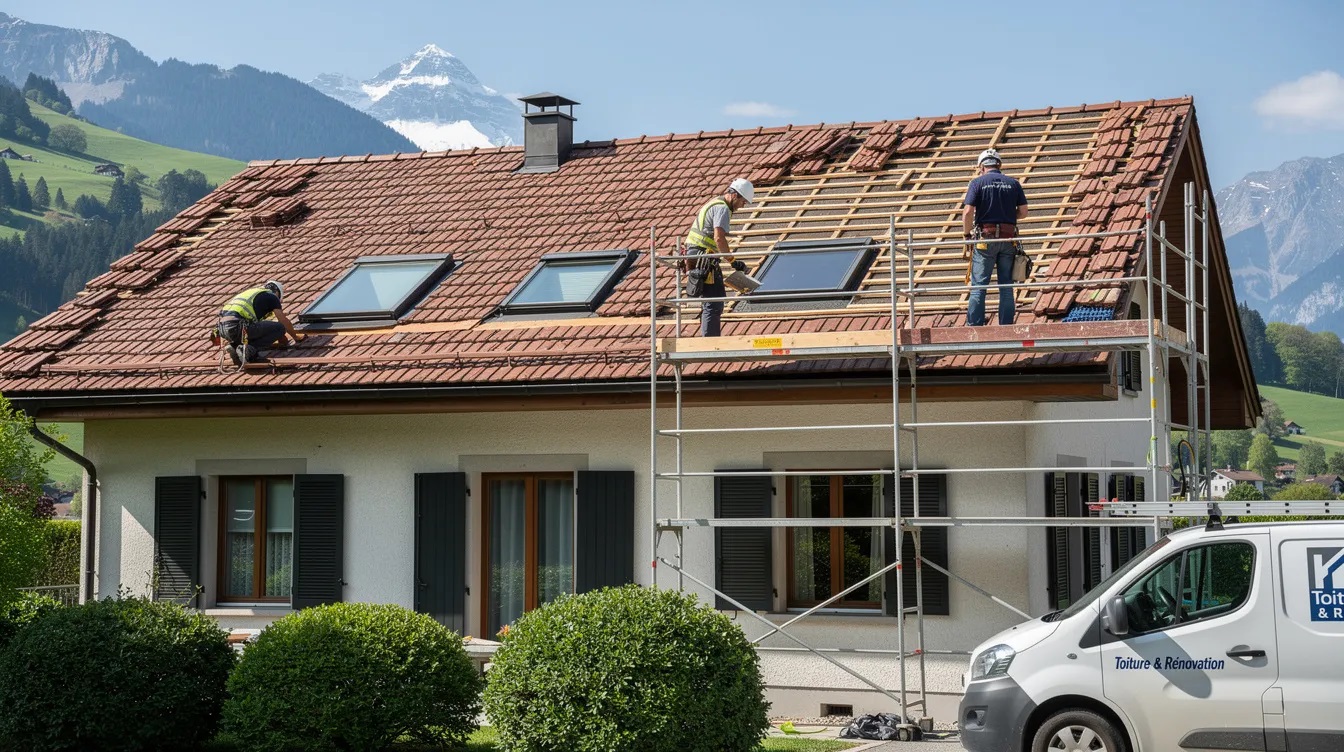 L'image montre des artisans en train de rénover la toiture d'une villa en Suisse. On peut voir des tuiles en cours de remplacement et des travaux d'isolation en cours, illustrant une étape importante d'un projet de rénovation du toit.