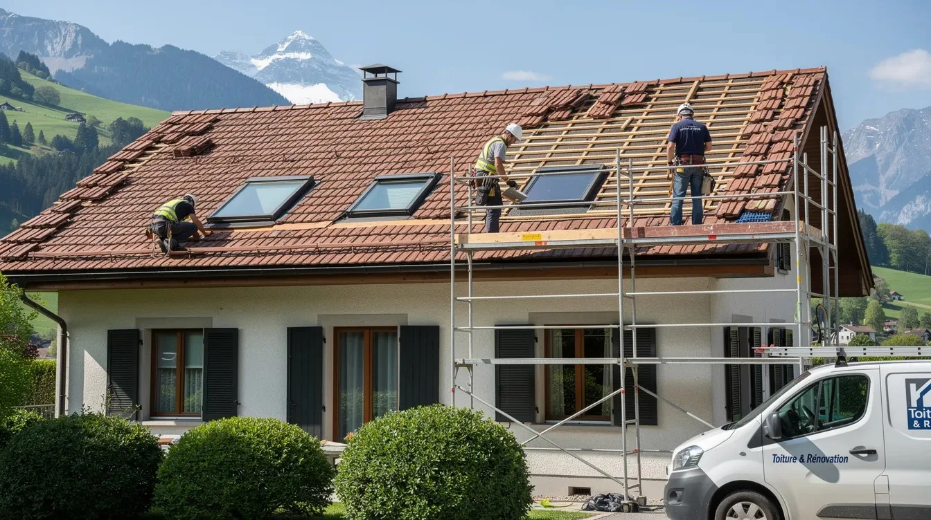 L'image montre des artisans en train de rénover la toiture d'une villa en Suisse. On peut voir des tuiles en cours de remplacement et des travaux d'isolation en cours, illustrant une étape importante d'un projet de rénovation du toit.