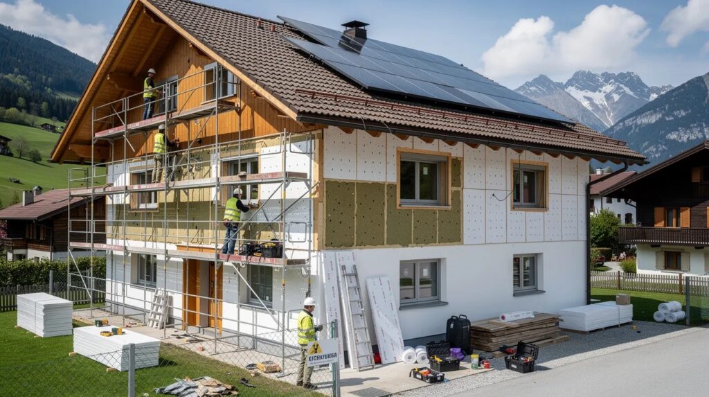 Des travaux de rénovation énergétique sont en cours sur une maison en Suisse, mettant en avant des spécialistes installant des fenêtres et améliorant l'isolation de la façade. Cette étape du projet vise à augmenter l'efficacité énergétique du bâtiment, tout en réduisant les coûts de consommation d'énergie.