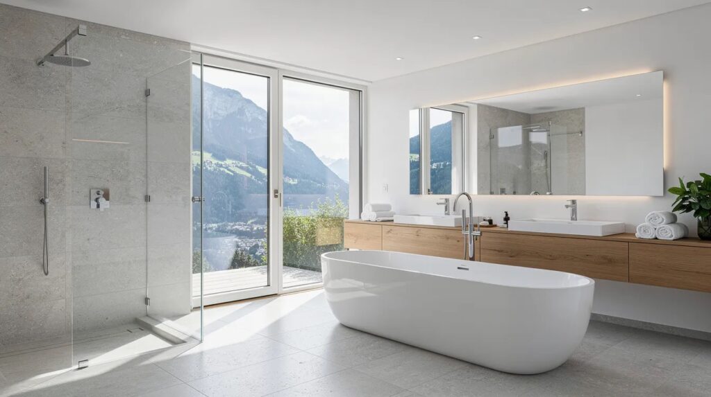L'image présente une salle de bain moderne et lumineuse, avec des murs ornés de papier peint élégant et des éléments en marbre. L'espace est soigneusement aménagé, reflétant un style de décoration intérieure contemporain et une atmosphère de bien-être.