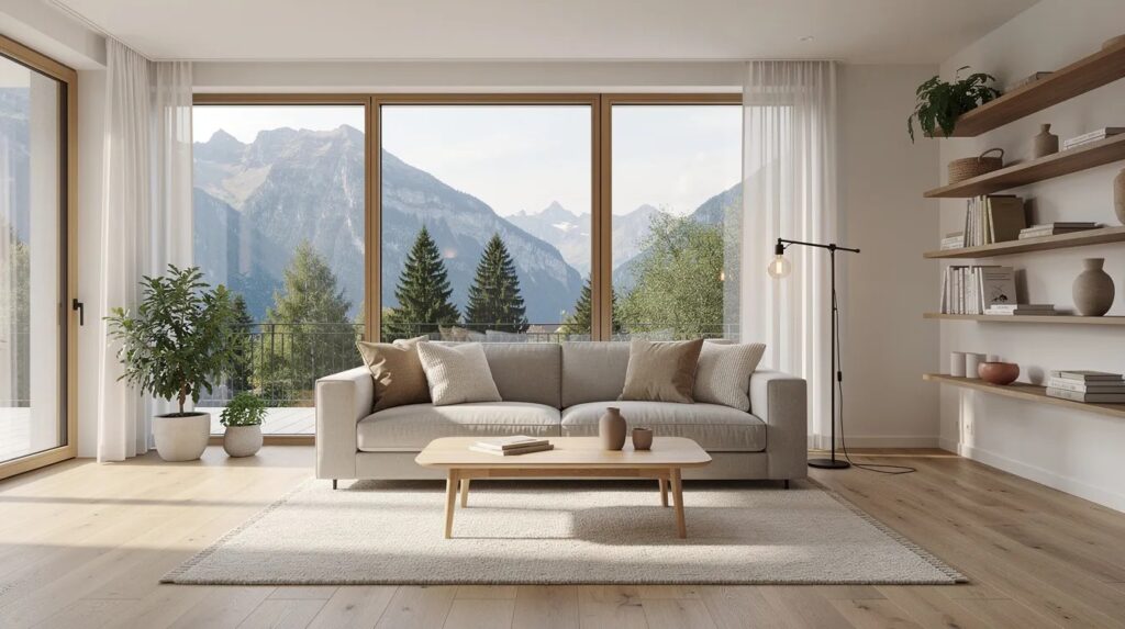 L'image montre un salon spacieux dans une villa en Suisse, décoré dans un style scandinave, avec des murs ornés de papier peint clair et des meubles modernes en bois. L'espace est agrémenté d'accessoires élégants et de couleurs douces, créant une atmosphère chaleureuse et accueillante.