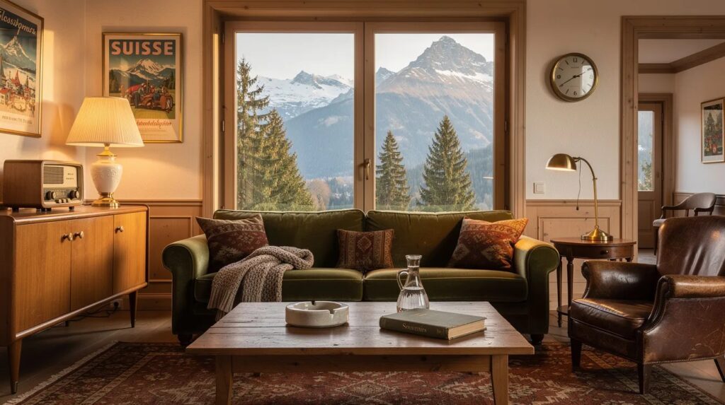 L'image montre un salon dans une villa en Suisse, décoré dans un style vintage avec des murs ornés de papier peint aux motifs délicats. Le mobilier comprend un canapé confortable, des tables en laiton et divers accessoires qui ajoutent une touche de personnalité à cet espace chaleureux et accueillant.