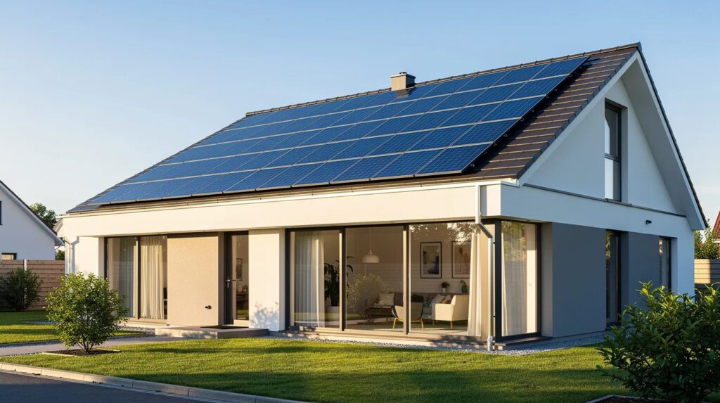 Une maison moderne est visible avec des panneaux photovoltaïques installés sur son toit, profitant d'une journée ensoleillée. Cette installation solaire témoigne de l'engagement envers les énergies renouvelables et pourrait bénéficier de subventions pour réduire les coûts d'investissement.